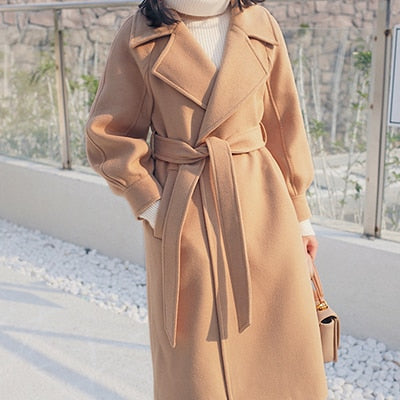 Plus size loose warm wool blends long winter coat turn-down collar adjustable belt wool coats women office work wear elegant