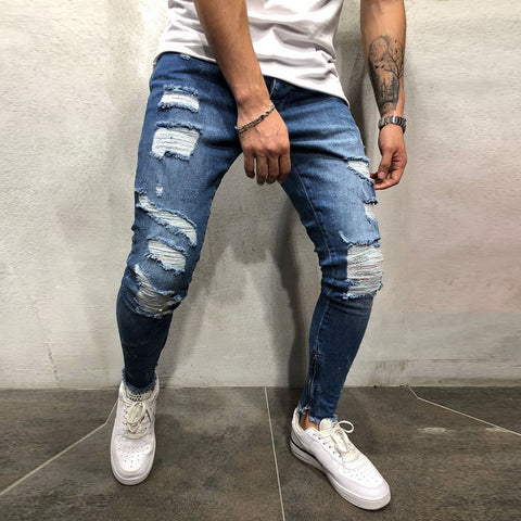 Ripped Side Striped Jeans Fashion Streetwear Mens Skinny Stretch Jeans