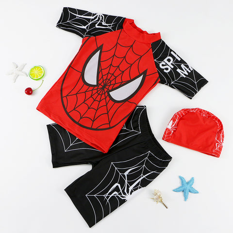 Children's Swimsuit Boy Student Swimming Trunks Split Sunscreen Plus Size Baby Swimwear Three-Piece Spiderman Swimsuit