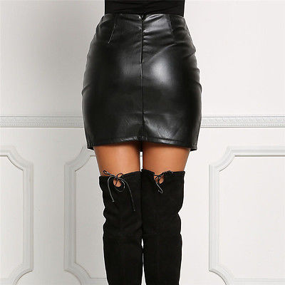 Leather Pencil Bodycon High Waist Lace Up Skirt Black Leather Short Mini A-Line Skirts