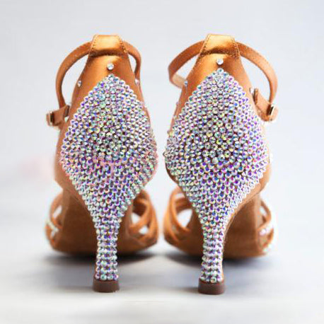 8.5 Zapatos latinos con incrustaciones de diamantes, zapatos de baile de competición, portalápices, zapatos de baile de suela suave de satén de piel profunda para mujer