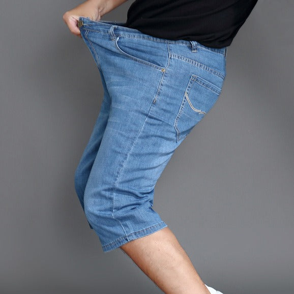 Pantalones cortos de mezclilla de gran tamaño para hombres delgados, pantalones cortos de mezclilla agrandados para hombres gordos de verano, pantalones vaqueros elásticos de cintura alta holgados 