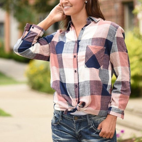 Tops y blusas para mujer, camisa informal holgada de cuadros con botones de manga larga de colores combinados para mujer