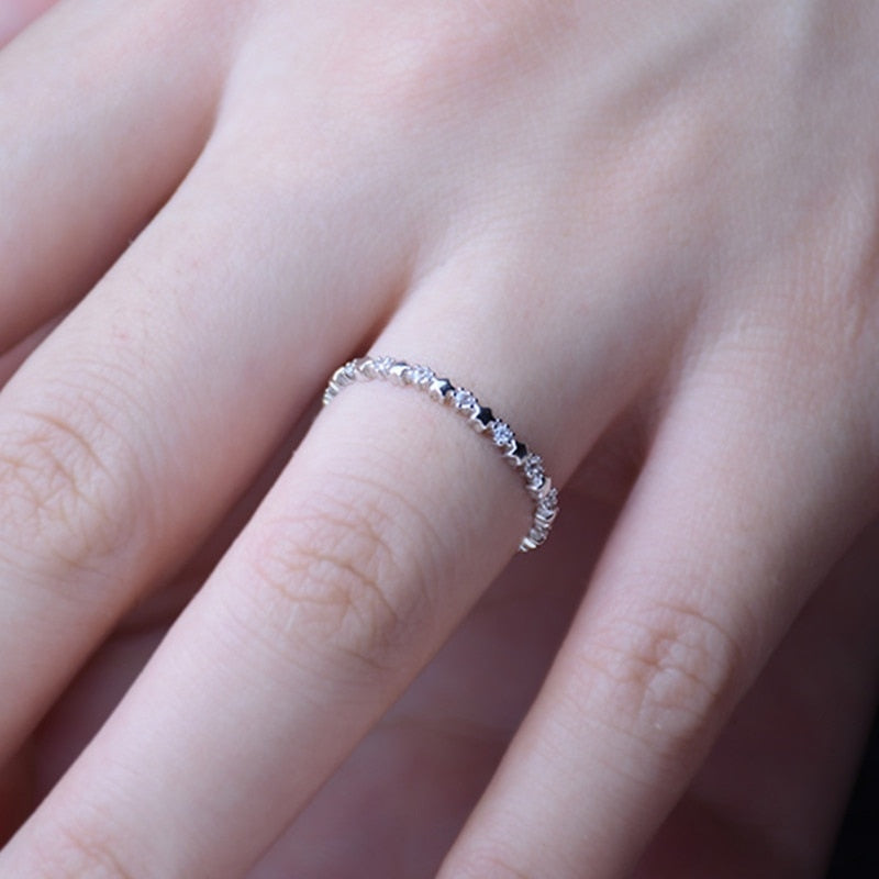 Cute Super Thin Silver Color CZ Zircon Star Rings Wedding Engagement Party Gifts for Women Lady Girl Lover's Rings Jewelry Gift