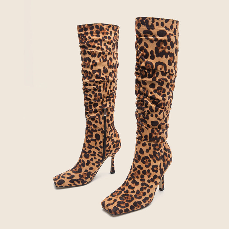 Botas de tacón alto con estampado de leopardo, botas de tacón fino con cabeza cuadrada para mujer, nuevo estilo, botas de tacón alto hasta la rodilla para otoño e invierno