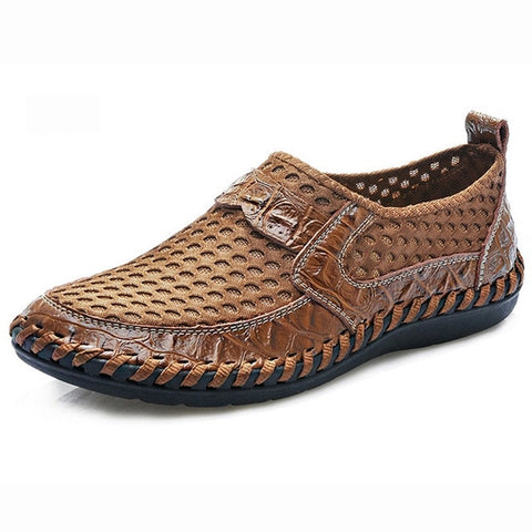 Zapatos de malla transpirables, mocasines italianos, zapatos casuales para hombre, zapatos de marca sin cordones de cuero genuino para hombre 