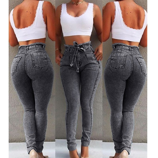 High Waist Streetwear Bandage Denim Plus Size Jeans