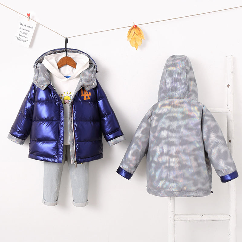 Nueva chaqueta de invierno a la moda para niños, Abrigo con capucha cálido para niñas, chaquetas de doble cara con plumón de pato 90%, abrigos para niños, Parkas para niños 