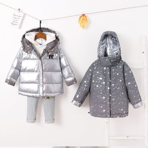 Nueva chaqueta de invierno a la moda para niños, Abrigo con capucha cálido para niñas, chaquetas de doble cara con plumón de pato 90%, abrigos para niños, Parkas para niños 