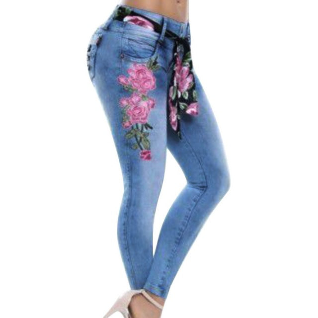 Damen Stretch-Jeans mit hoher Taille und Röhrenstickerei