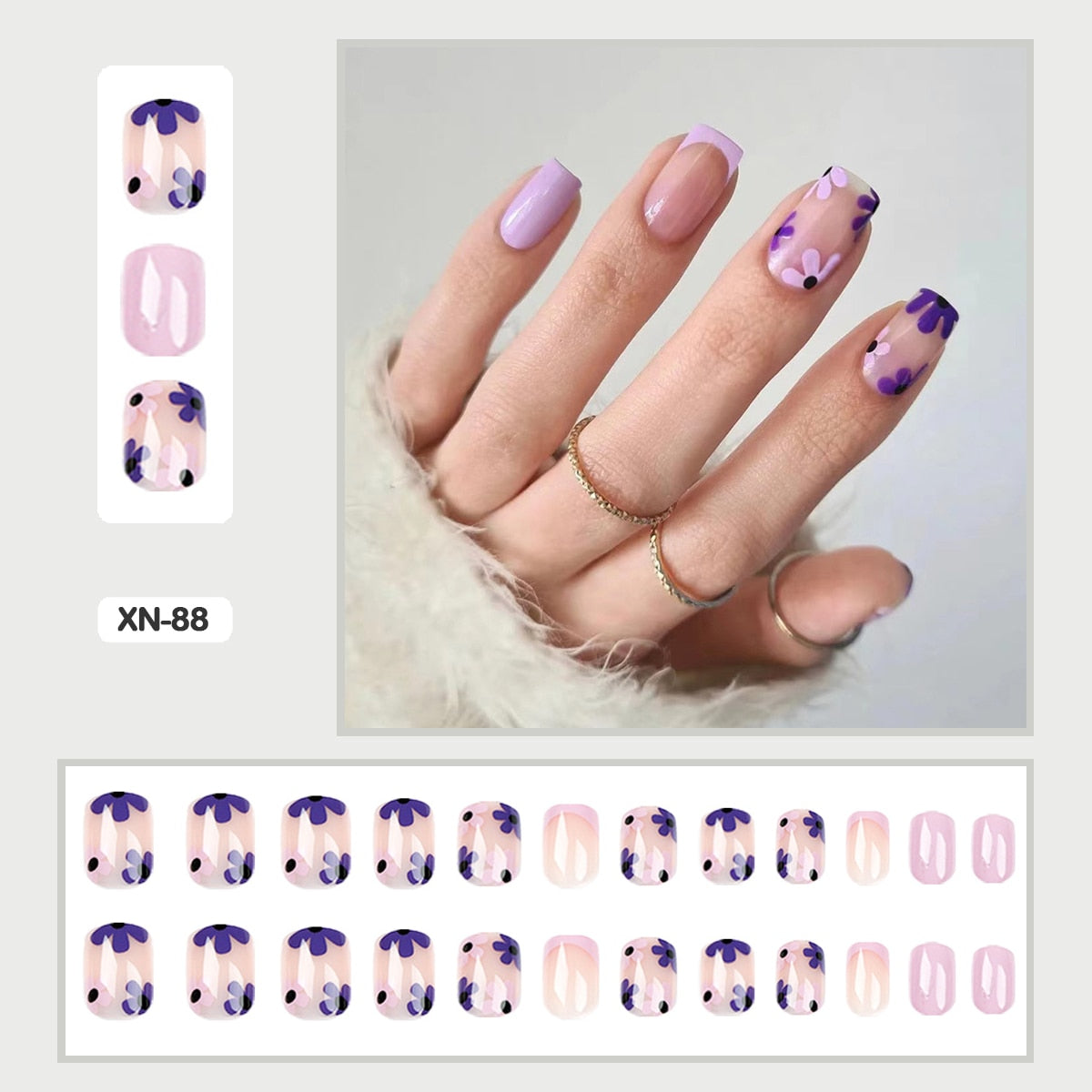 24pcs Fresh Lovely Pink Purple Blue Summer Flower Water Drop Shaped Fake Nails With Glue Wearable False Nails With Wearing Tools