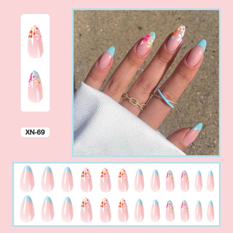 24pcs Fresh Lovely Pink Purple Blue Summer Flower Water Drop Shaped Fake Nails With Glue Wearable False Nails With Wearing Tools