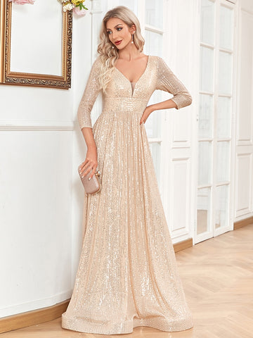 V Neck Long Sleeves Formal Evening Dress