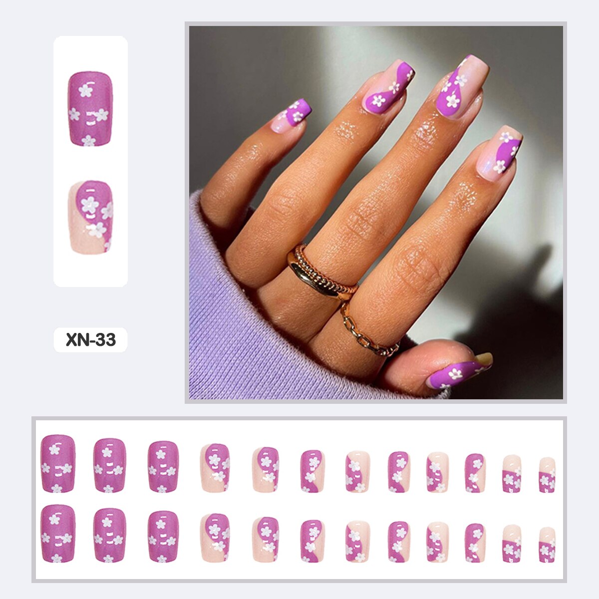 24pcs Fresh Lovely Pink Purple Blue Summer Flower Water Drop Shaped Fake Nails With Glue Wearable False Nails With Wearing Tools