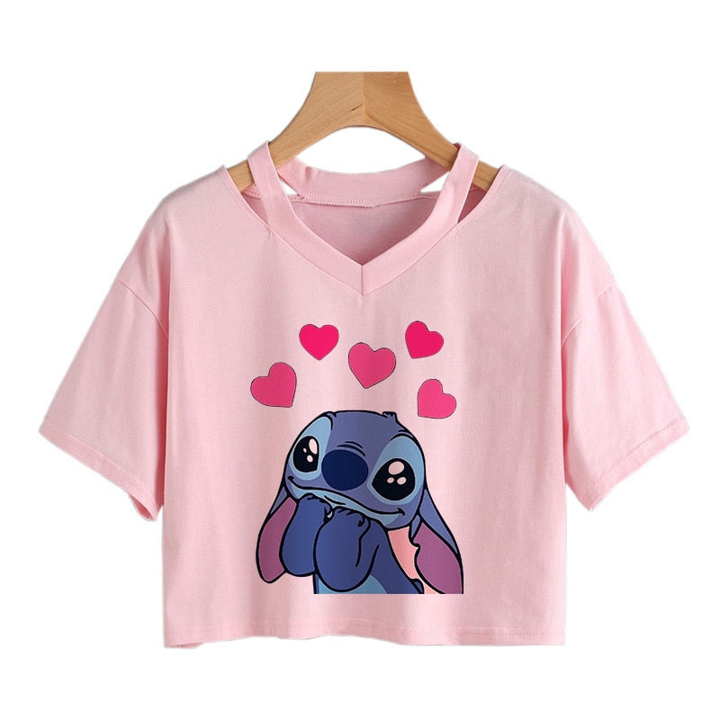 Camiseta de Disney Kawaii Lilo Stitch con divertidos dibujos animados para mujer, camiseta de Manga de punto, camiseta gráfica Y2k, Top corto de calle, camisetas para mujer 