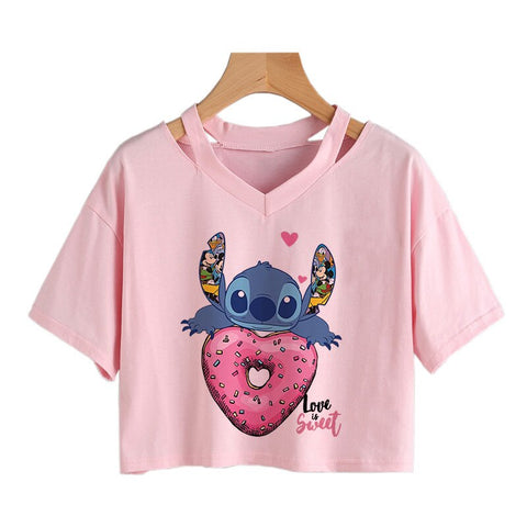 Camiseta de Disney Kawaii Lilo Stitch con divertidos dibujos animados para mujer, camiseta de Manga de punto, camiseta gráfica Y2k, Top corto de calle, camisetas para mujer 