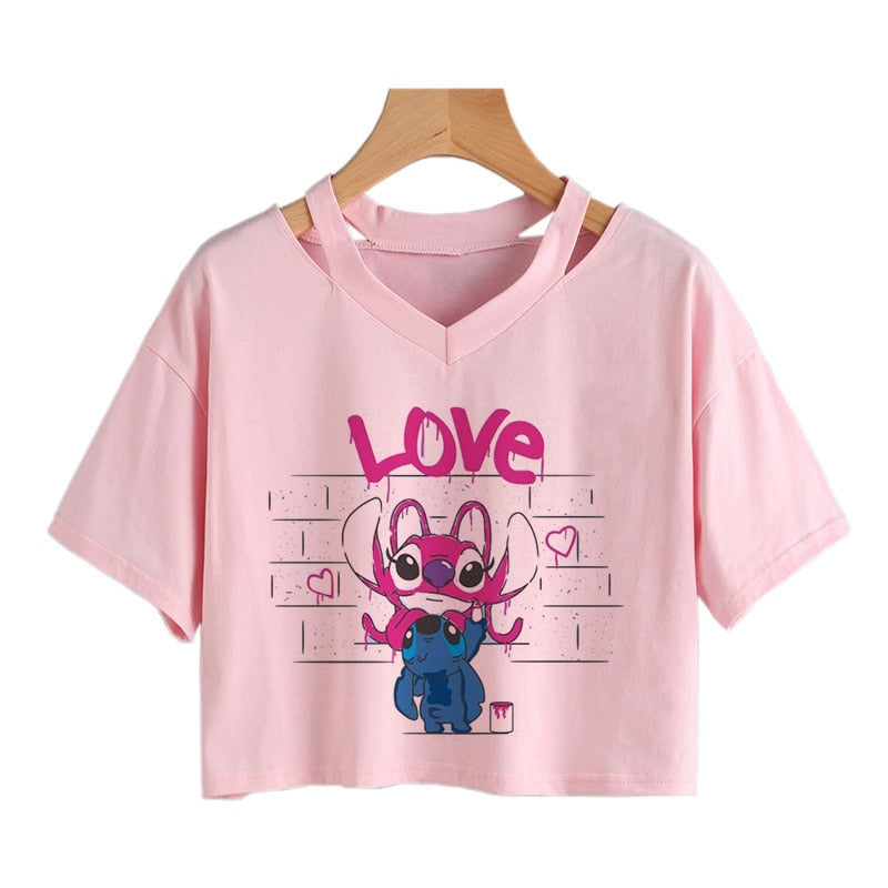 Camiseta de Disney Kawaii Lilo Stitch con divertidos dibujos animados para mujer, camiseta de Manga de punto, camiseta gráfica Y2k, Top corto de calle, camisetas para mujer 