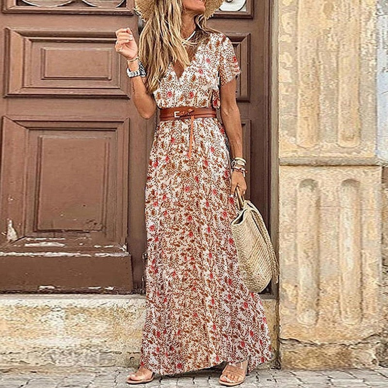 V Neck Short Sleeve Belt Large Hem Long Dress