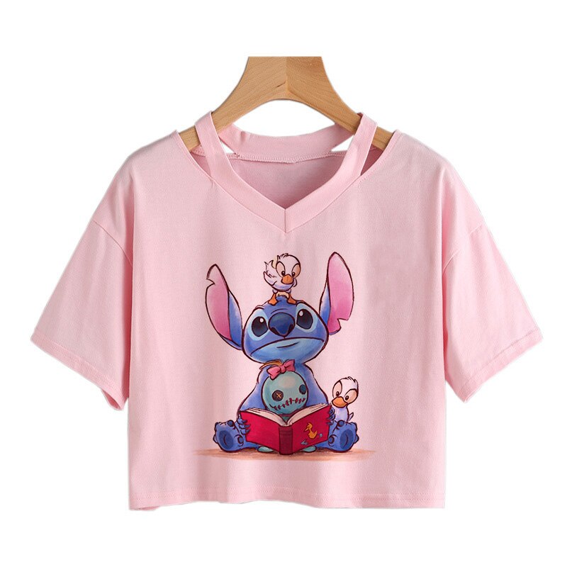 Camiseta de Disney Kawaii Lilo Stitch con divertidos dibujos animados para mujer, camiseta de Manga de punto, camiseta gráfica Y2k, Top corto de calle, camisetas para mujer 