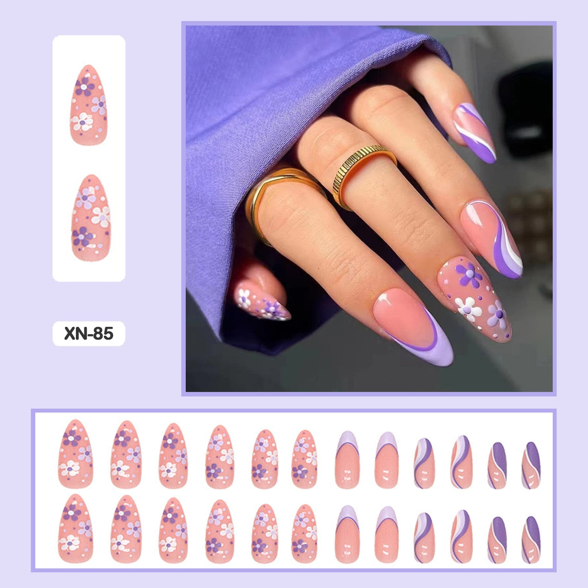 24pcs Fresh Lovely Pink Purple Blue Summer Flower Water Drop Shaped Fake Nails With Glue Wearable False Nails With Wearing Tools