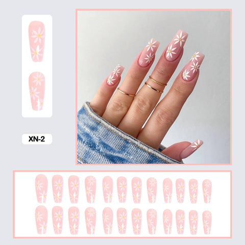 24pcs Fresh Lovely Pink Purple Blue Summer Flower Water Drop Shaped Fake Nails With Glue Wearable False Nails With Wearing Tools