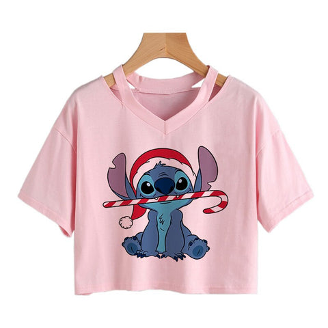 Camiseta de Disney Kawaii Lilo Stitch con divertidos dibujos animados para mujer, camiseta de Manga de punto, camiseta gráfica Y2k, Top corto de calle, camisetas para mujer 