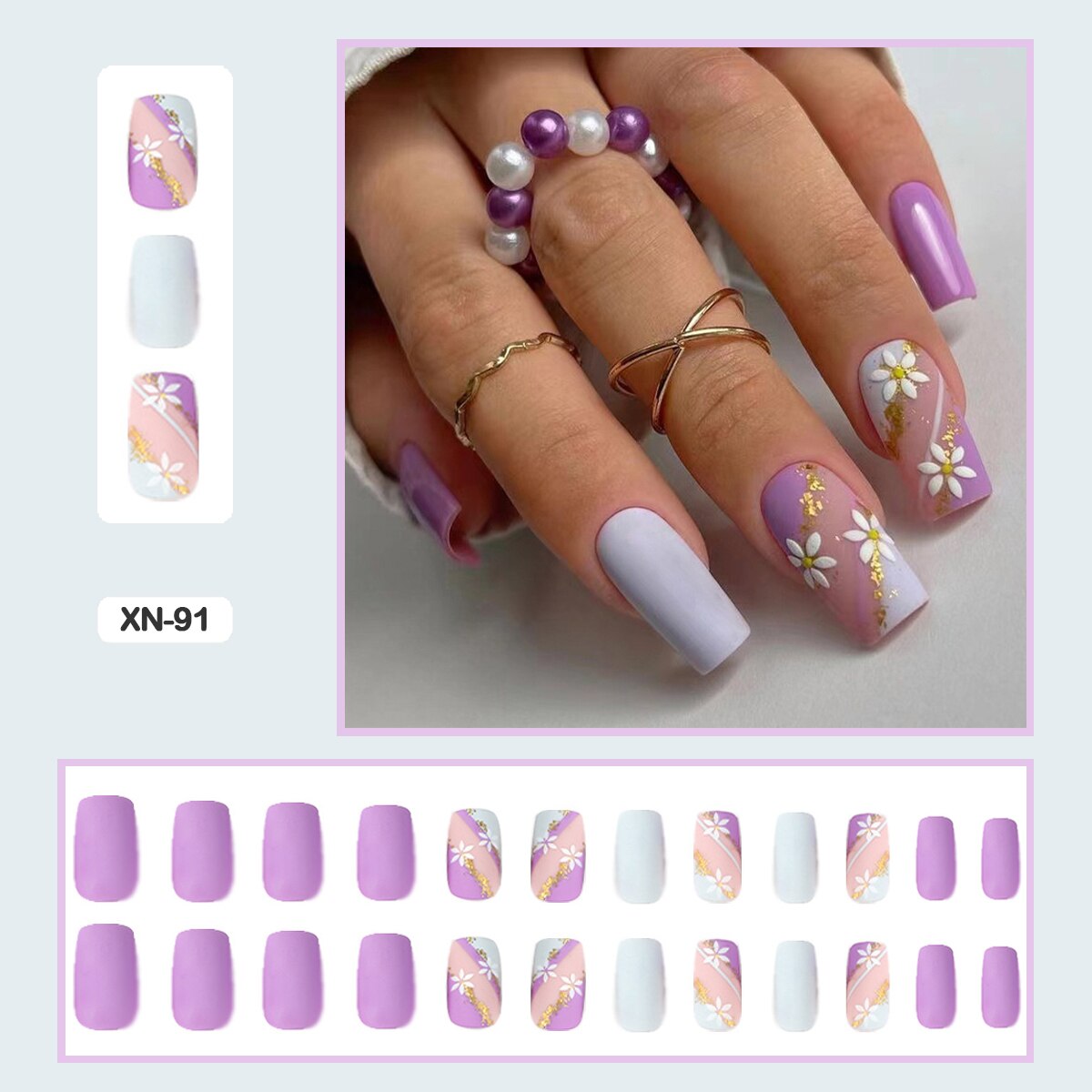 24pcs Fresh Lovely Pink Purple Blue Summer Flower Water Drop Shaped Fake Nails With Glue Wearable False Nails With Wearing Tools