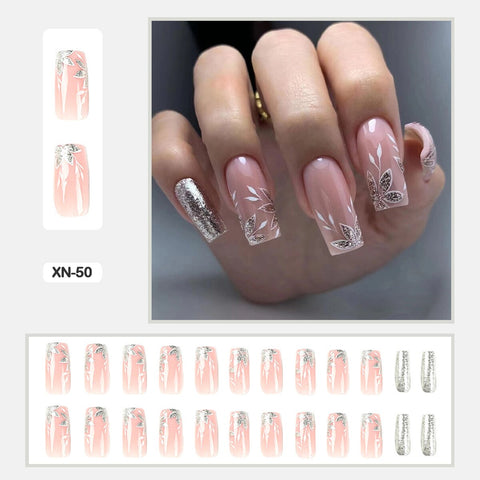 24pcs Fresh Lovely Pink Purple Blue Summer Flower Water Drop Shaped Fake Nails With Glue Wearable False Nails With Wearing Tools