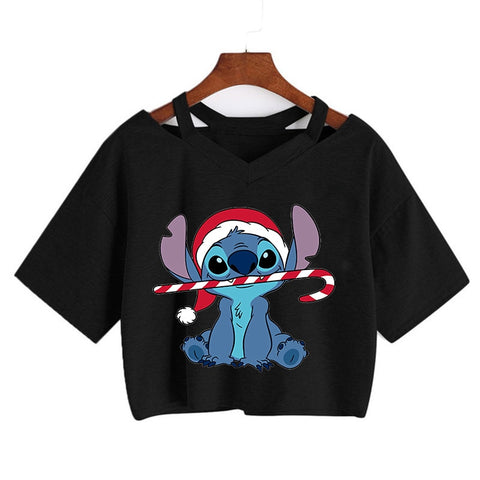 Camiseta de Disney Kawaii Lilo Stitch con divertidos dibujos animados para mujer, camiseta de Manga de punto, camiseta gráfica Y2k, Top corto de calle, camisetas para mujer 