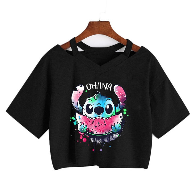 Camiseta de Disney Kawaii Lilo Stitch con divertidos dibujos animados para mujer, camiseta de Manga de punto, camiseta gráfica Y2k, Top corto de calle, camisetas para mujer 