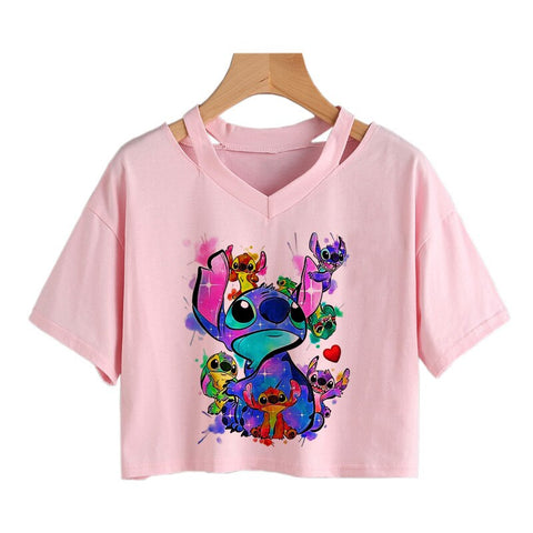 Camiseta de Disney Kawaii Lilo Stitch con divertidos dibujos animados para mujer, camiseta de Manga de punto, camiseta gráfica Y2k, Top corto de calle, camisetas para mujer 