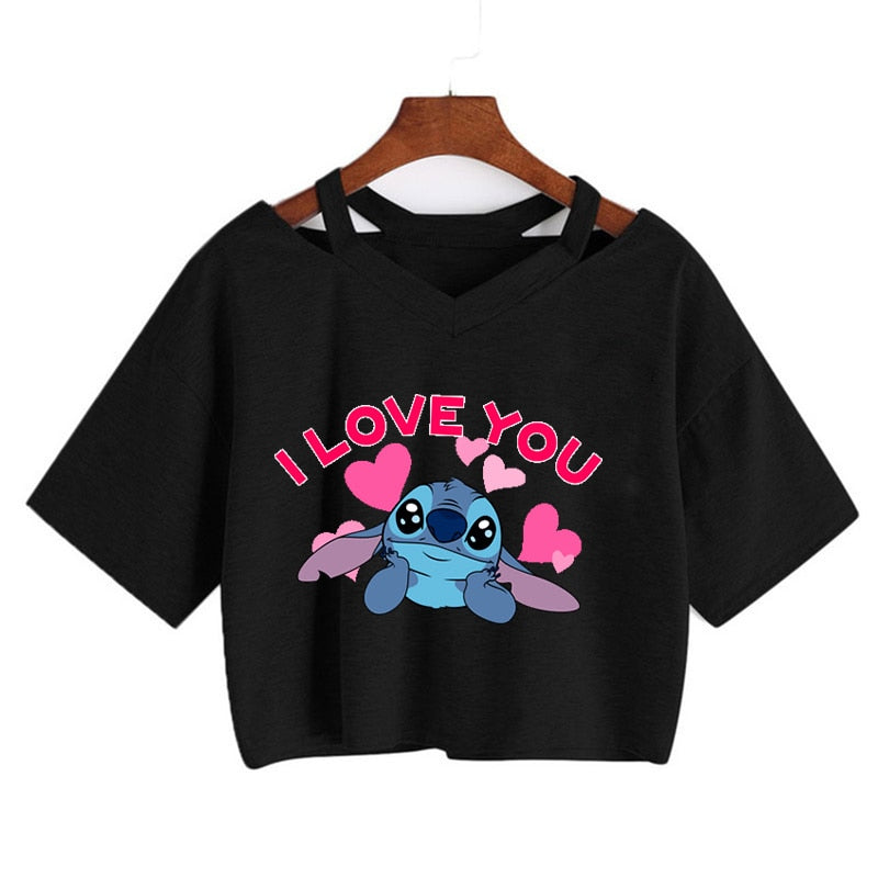 Camiseta de Disney Kawaii Lilo Stitch con divertidos dibujos animados para mujer, camiseta de Manga de punto, camiseta gráfica Y2k, Top corto de calle, camisetas para mujer 