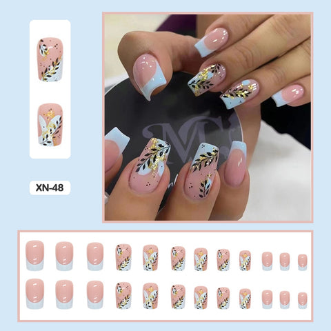 24pcs Fresh Lovely Pink Purple Blue Summer Flower Water Drop Shaped Fake Nails With Glue Wearable False Nails With Wearing Tools