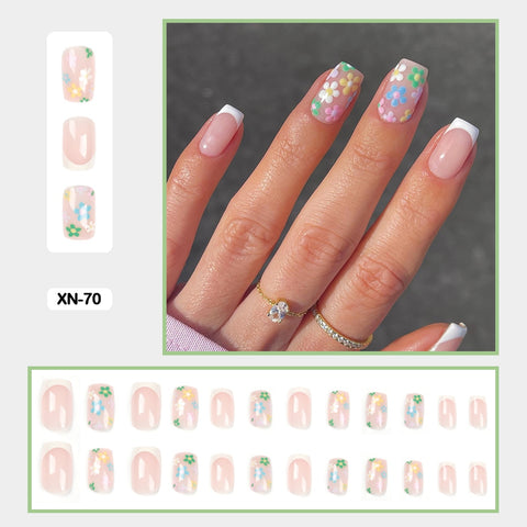 24pcs Fresh Lovely Pink Purple Blue Summer Flower Water Drop Shaped Fake Nails With Glue Wearable False Nails With Wearing Tools