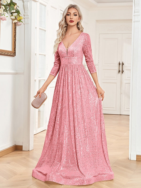 V Neck Long Sleeves Formal Evening Dress