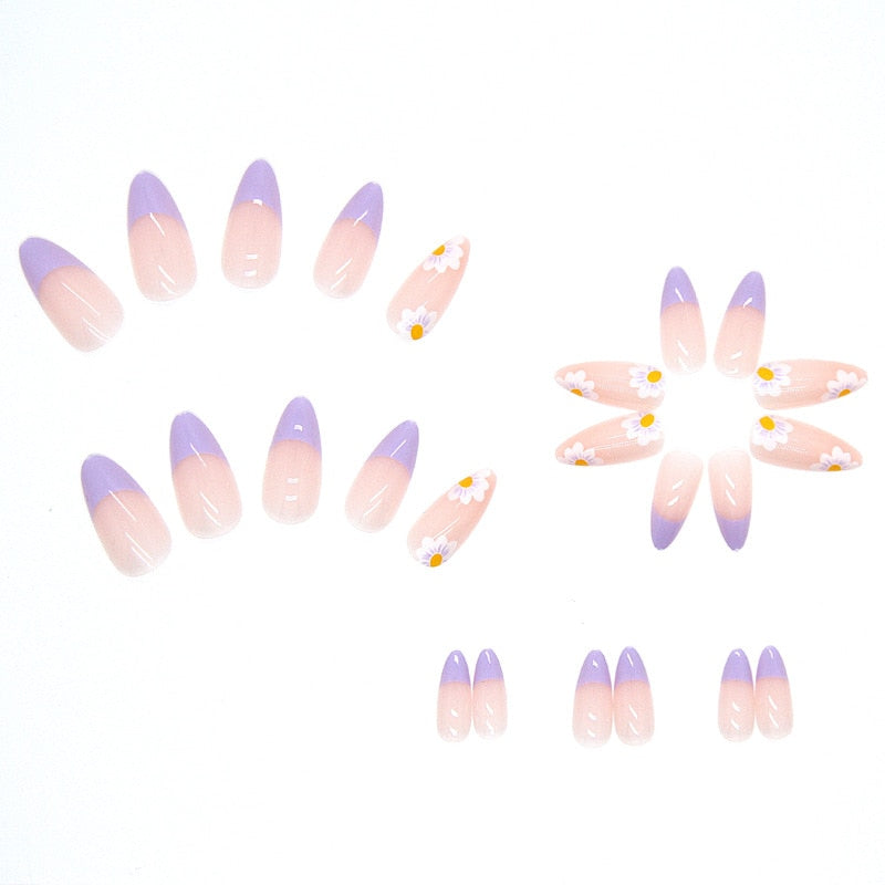 24pcs Fresh Lovely Pink Purple Blue Summer Flower Water Drop Shaped Fake Nails With Glue Wearable False Nails With Wearing Tools