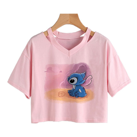 Camiseta de Disney Kawaii Lilo Stitch con divertidos dibujos animados para mujer, camiseta de Manga de punto, camiseta gráfica Y2k, Top corto de calle, camisetas para mujer 