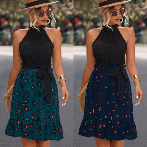 Printed Stitching Sexy Halter Strapless Lace Up Dress