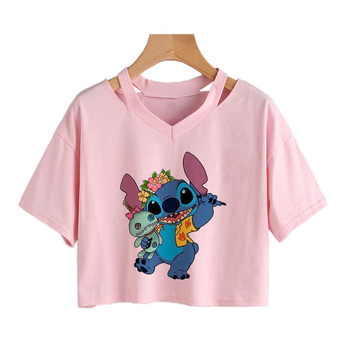 Camiseta de Disney Kawaii Lilo Stitch con divertidos dibujos animados para mujer, camiseta de Manga de punto, camiseta gráfica Y2k, Top corto de calle, camisetas para mujer 