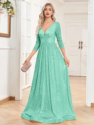 V Neck Long Sleeves Formal Evening Dress