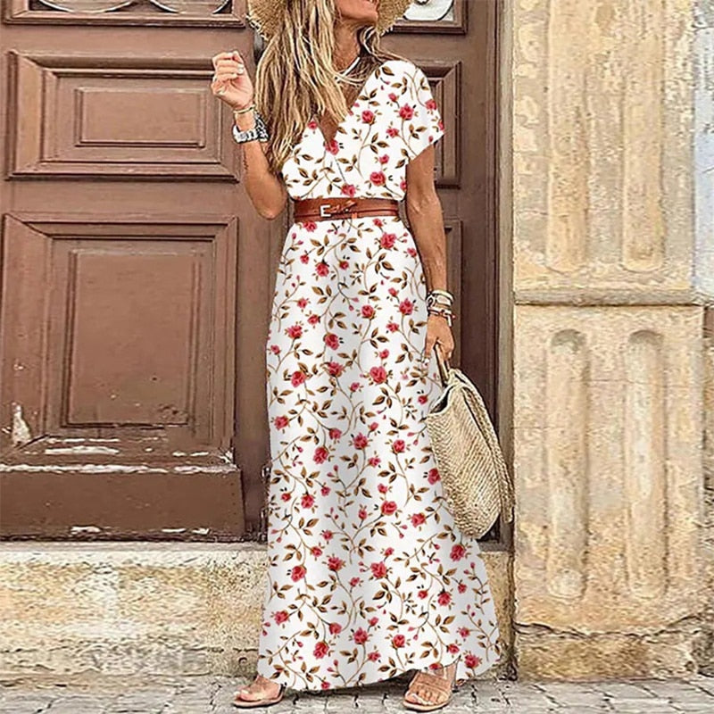 V Neck Short Sleeve Belt Large Hem Beach Long Dress