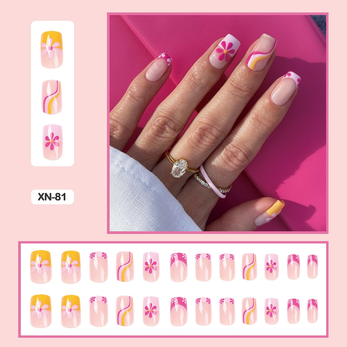 24pcs Fresh Lovely Pink Purple Blue Summer Flower Water Drop Shaped Fake Nails With Glue Wearable False Nails With Wearing Tools