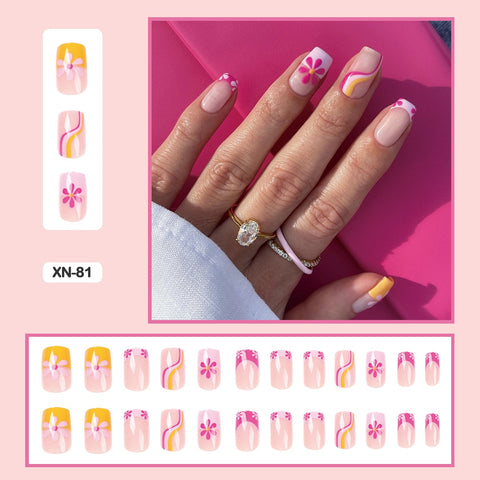 24pcs Fresh Lovely Pink Purple Blue Summer Flower Water Drop Shaped Fake Nails With Glue Wearable False Nails With Wearing Tools