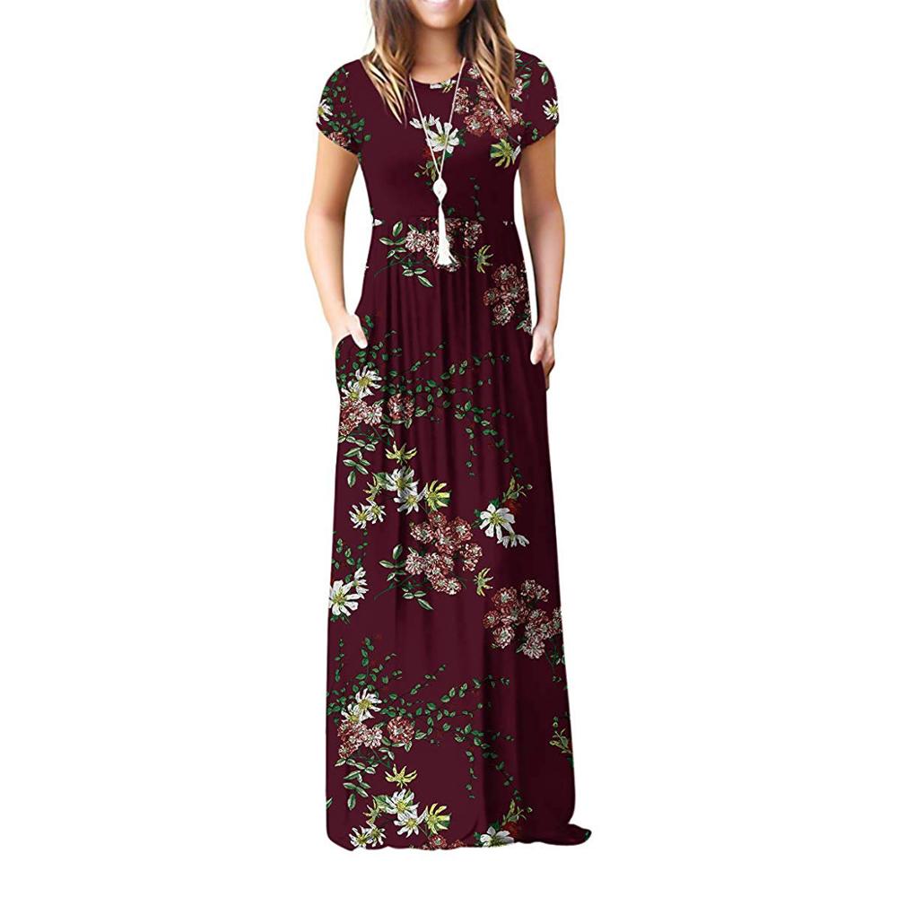 Round Neck Floral Maxi Long Pockets Dress