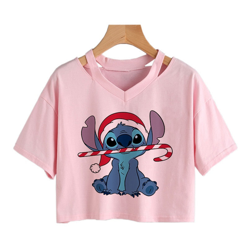 Camiseta de Disney Kawaii Lilo Stitch con divertidos dibujos animados para mujer, camiseta de Manga de punto, camiseta gráfica Y2k, Top corto de calle, camisetas para mujer 