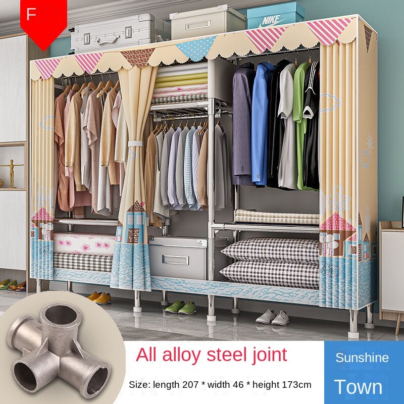 Home Rental Room Bedroom Assembly Hanging Clothes Storage Finishing Steel Frame Bold Simple Oxford Cloth Wardrobe