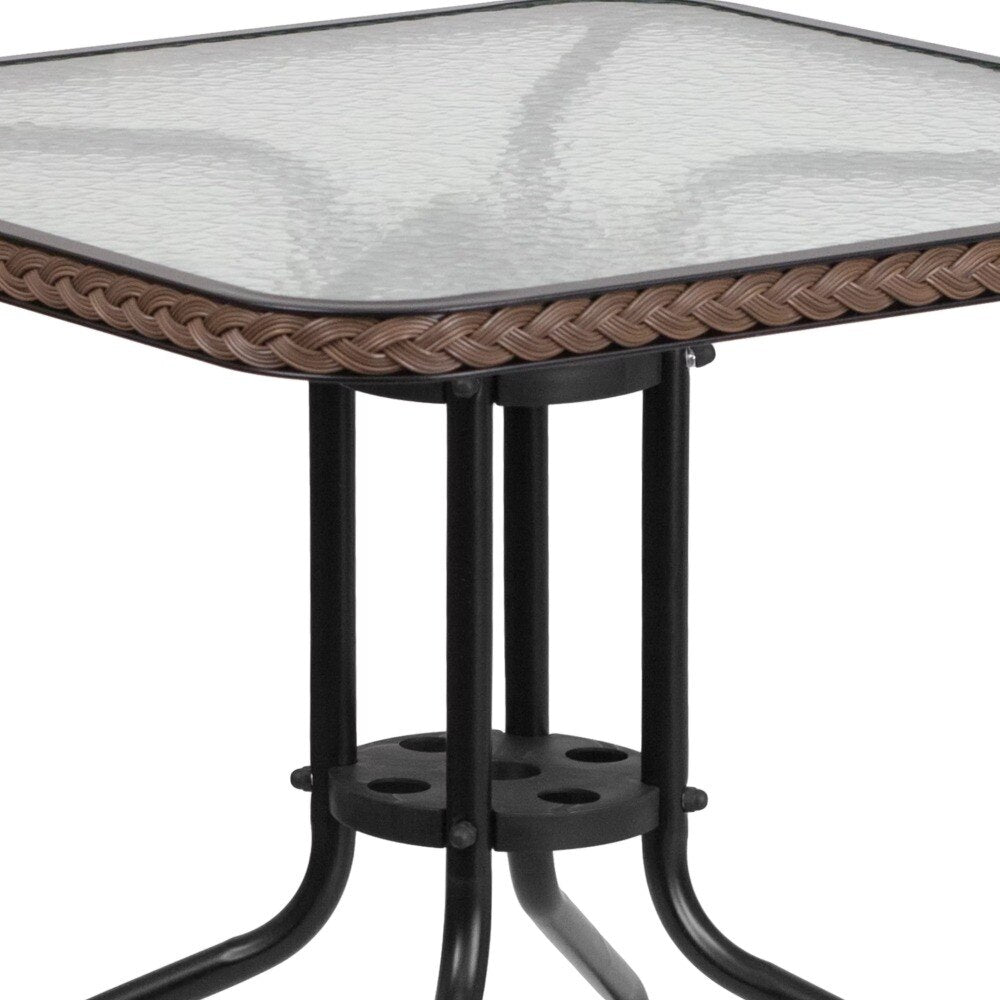 Flash Furniture 28'' Square Glass Metal Table with Dark Brown Rattan Edging and 2 Dark Brown Rattan Stack Chair Garden Furniture