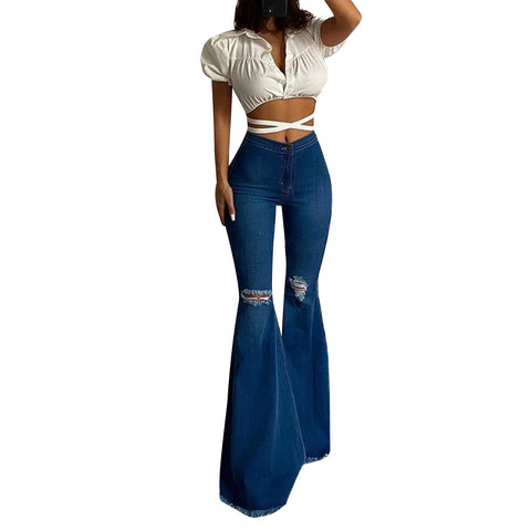 High Waist Solid Color Knees Hole Tight Denim Pants