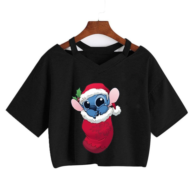 Camiseta de Disney Kawaii Lilo Stitch con divertidos dibujos animados para mujer, camiseta de Manga de punto, camiseta gráfica Y2k, Top corto de calle, camisetas para mujer 