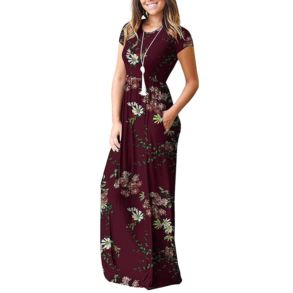 Vestido maxi con bolsillos largos y estampado floral con cuello redondo 